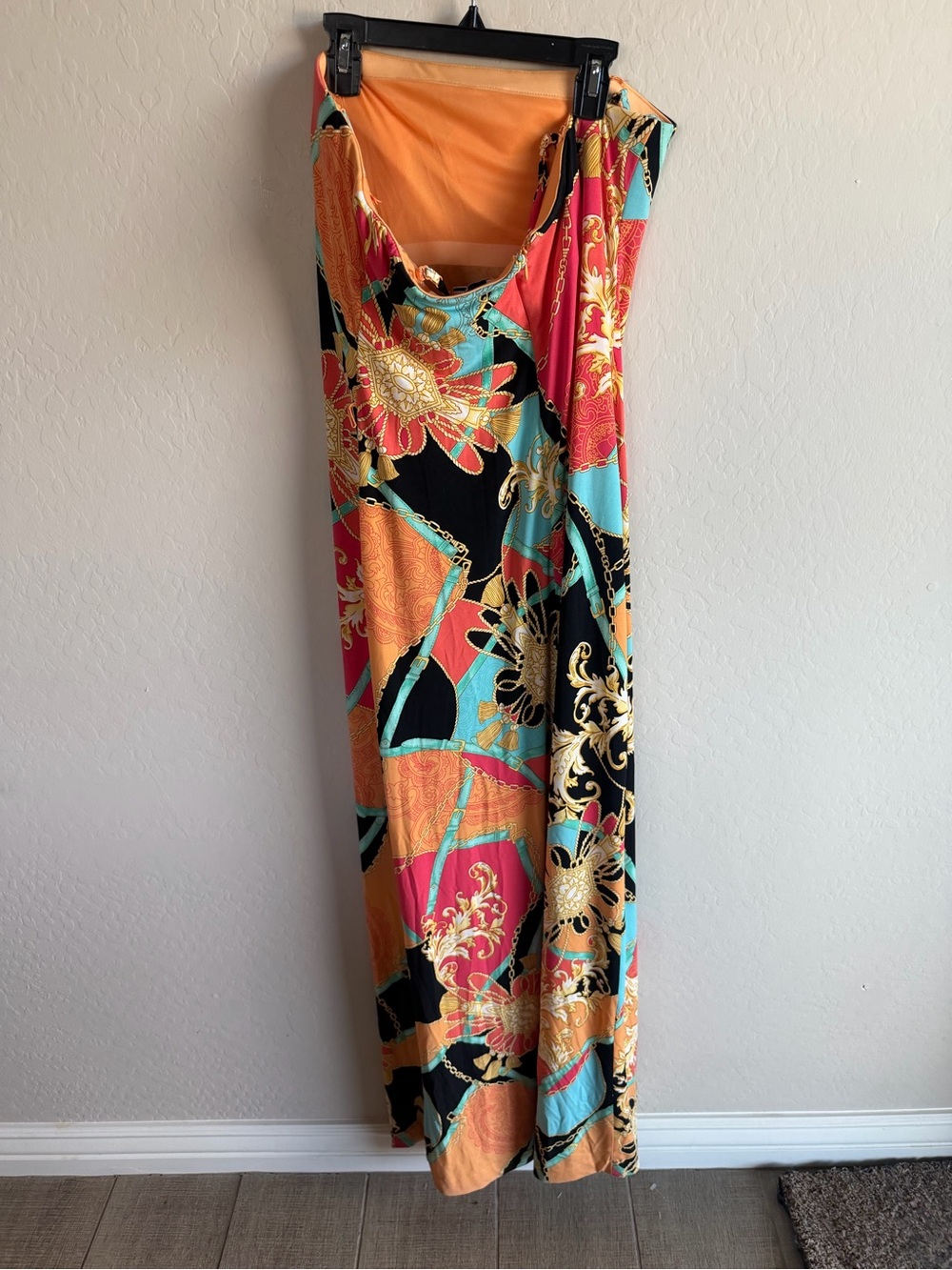 Vintage Cache Women’s Maxi Dress Chain Tassel Vibrant Print L 90s Y2K Stretch - Picture 3 of 3